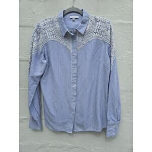 Calligraphie Anthropologie Top Large Blue White Striped‎ Button Up Ivory Crochet